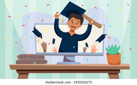 Virtual graduation ceremony. Video call. Online black boy graduation. Graduation of a black man.