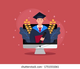 Virtual graduation in desktop computer mockup. Online graduation for class of 2020 because of corona virus pandemic. Man in academic gown. Flat vector design.