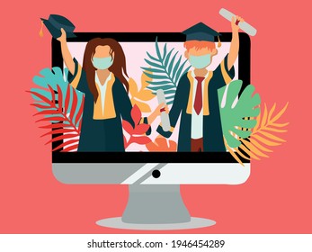 Virtual graduation in desktop computer mockup. Online graduation for class of 2021 because of corona virus pandemic.Academic gown. Flat vector design.
