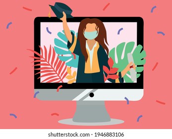Virtual graduation in desktop computer mockup. Online graduation for class of 2021 because of corona virus pandemic.Academic gown. Flat vector design.
