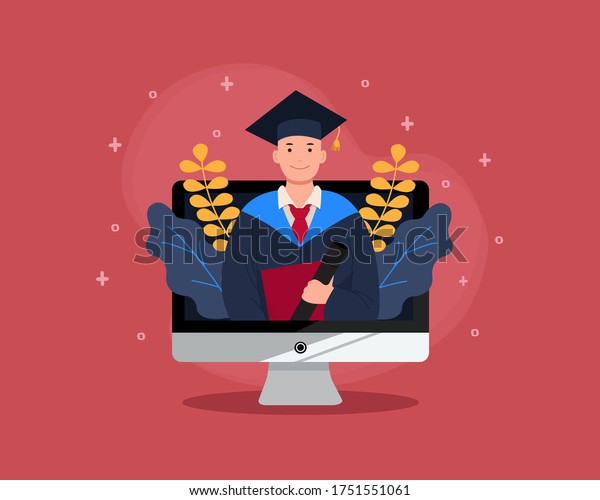 Virtual graduation in desktop
computer mockup. Online graduation for class of 2020 because of
corona virus pandemic. Man in academic gown. Flat vector
design.