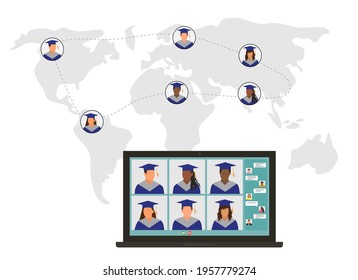 Virtual graduation event. Online meeting of graduates in graduating clothing in world. Screen of laptop. Vector illustration.