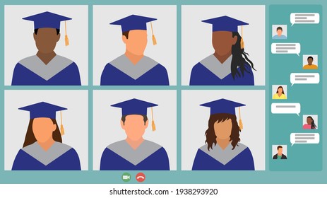 Virtual graduation. Graduates communicate online. Screen laptop. Video call and chat. Vector illustration
