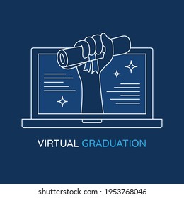 Virtual Graduation. Hand Holding Diploma On Laptop Screen. Pandemic Coronavirus Covid-19 Measure. Online Celebration To Stay Safe. Flat Vector Illustration.