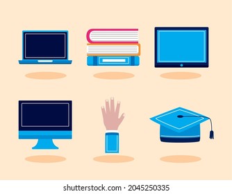 Virtual graduation icons on white background
