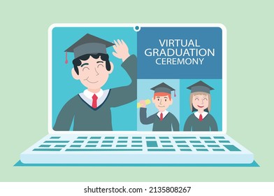 virtual graduation with monitor display of students and live streaming online with laptop technology communication