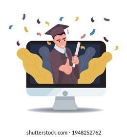 Virtual graduation online video Web conference Teleconference on a laptop. Graduation for high school students at University College. The young guy received his diploma. Graduation 2021