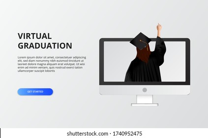 Virtual graduation for quarantine time at covid-19. woman use gown and graduation cap for graduation party live stream on computer. web layout template