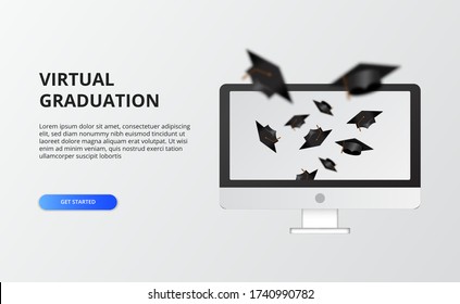 Virtual graduation for quarantine time at covid-19.  computer screen with graduation cap flying. web layout template