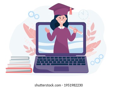 Virtual graduation of students on the laptop screen. Online ceremony for the class due to the coronavirus pandemic. Female in academic robes and diploma in hand. Flat vector design.