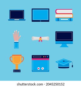 Virtual graduation symbol set on blue background