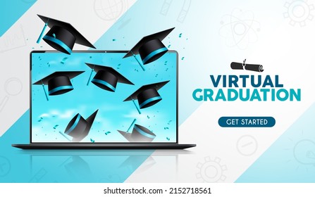 Virtuelles Graduiertendesign, Vektorhintergrund. Virtueller Graduierungstext mit 3D-Mortarboard-Kappe im Laptop-Bildschirm-Element für Online-Abschlussfeier für Studierende. Vektorgrafik.
