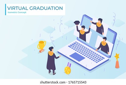 Virtual graduation video conference use laptop university college high school student ceremony wearing toga from home virus corona pandemic impact.flat cartoon style