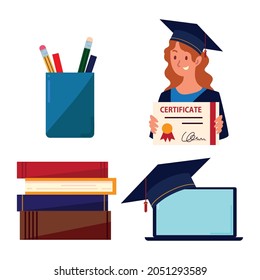 virtual graducation, laptop and books