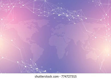 Virtual Graphic Background Communication with Dotted World Map. Perspective backdrop of depth. Digital data visualization. Vector illustration.