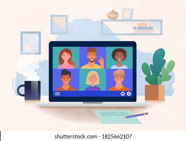 Virtual Group Meeting Being Held Via Video Conference From Home. Using Laptop Computer Chatting With Colleagues Online In Cozy Home Office With Coffee And Plant. Vector Illustration.