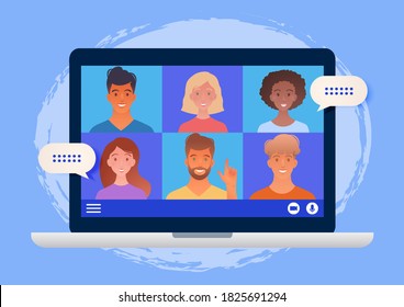 Virtual group meeting being held via video conference using laptop computer chatting with colleagues online. Vector illustration.