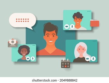 Virtual group meeting and e-learning via video conference call. Freelance work, online communication and telecommuting concept vector illustration