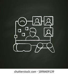 Virtual group play chalk icon. Meeting together concept. Internet live streaming website. Social distanced video game party. Video game streaming blogger. Isolated vector illustration on chalkboard