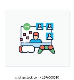 Virtual group play color icon. Meeting together concept. Internet live streaming website. Social distanced video game party. Video game streaming blogger. Isolated vector illustration