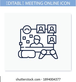 Virtual group play line icon. Meeting together concept. Internet live streaming website. Social distanced video game party. Video game streaming blogger. Isolated vector illustration. Editable stroke