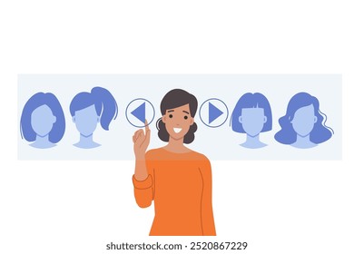 Cabeleireiro virtual com capacidade para escolher penteado e estilo de cabelo através de painel digital. Garota visitante do salão de cabeleireiro futurista sorri, usando tecnologia para experimentar o penteado na cabeça