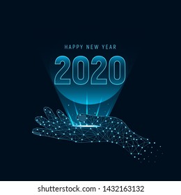 Virtual hand with the holographic symbol 2020. Modern futuristic template for 2020.  Concept sci-fi design. Vector illustration