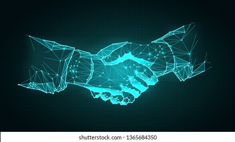 Virtual Hand shake  interface on blue cyberspace background with low-poly, polygon and triangle. Wire frame light connection structure vector 