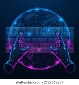 Las manos virtuales interactúan con el teclado en el fondo del globo. El concepto de interacción gestual, interfaces inmersivas y trabajar con datos en un entorno virtual tridimensional.