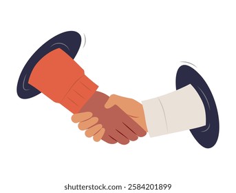 Virtual Handshake Between Two Business People In Flat Vector Illustration Symbolizing Digital Agreement, Partnership, And Online Collaboration, Isolated On White Background