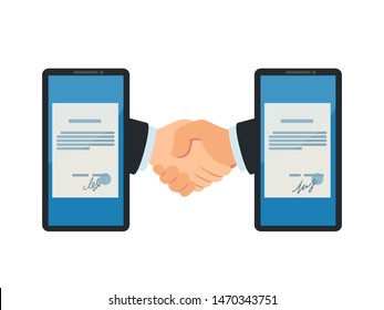 Virtual handshake between two phones. Digital contract concept. Digital signature, remote business. Business vector illustration, flat design, cartoon style. Isolated on white background, front view.