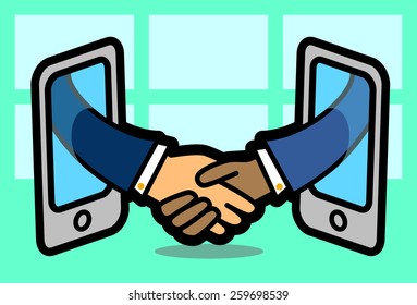 A virtual handshake between two white smart phones