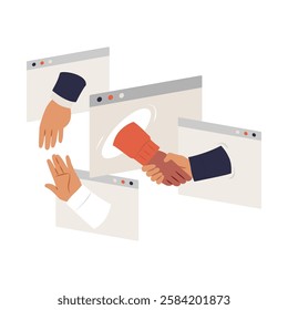 Virtual Handshake Through Browser Windows In Flat Vector Illustration Symbolizing Online Collaboration, Digital Agreement, And Remote Communication, Isolated On White Background.