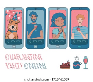 Virtual Hangout With Friends. Online Party Or Video Conference With People Working From Home During Coronavirus Outbreak. Vector Illustration With Pets, Pie, Tea, And Wine. Hand Drawn