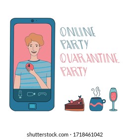 Virtual Hangout With Friends. Online Party Or Video Conference With Smiling Man Drinking Wine During Coronavirus Outbreak. Vector Illustration. Hand Drawn.