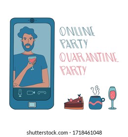 Virtual Hangout With Friends. Online Party Or Video Conference With Smiling Man Drinking Wine During Coronavirus Outbreak. Vector Illustration. Hand Drawn.