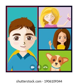 Virtual Hangout With People And Puppy. Online Quarantine Meet Of Friends Or Colleagues. Vector Illustration In Cartoon Style