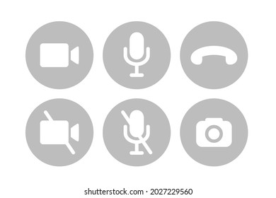 Virtual hangouts icons for conference call. On and off video, sound, camera and call icons isolated on white background. Flat vector illustration