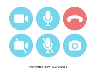 Virtual hangouts icons for conference call. Colored on and off video, sound, camera and call icons isolated on white background. Flat vector illustration