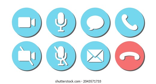 Virtual hangouts icons for conference call. Shadowed on and off video, sound, message, mail and call icons isolated on white background. Flat vector illustration