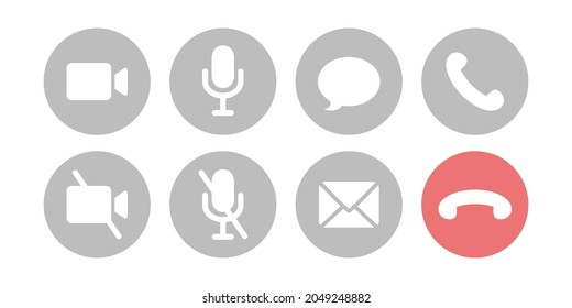 Virtual hangouts icons for conference call. On and off video, sound, message, mail and call icons isolated on white background. Flat vector illustration