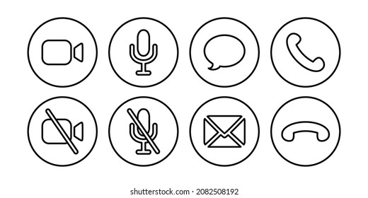 Virtual hangouts icons for conference call. On and off video, sound, message, mail and call icons isolated on white background. Outline vector illustration