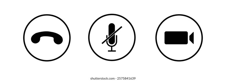 Virtual hangouts icons for conference call. On and off video, sound, camera and call icons isolated on white background. Flat vector illustration .