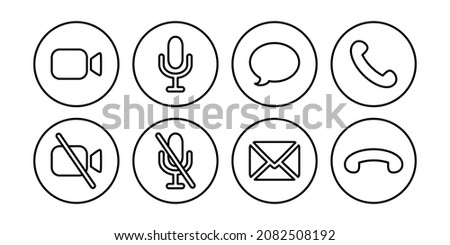 Virtual hangouts icons for conference call. On and off video, sound, message, mail and call icons isolated on white background. Outline vector illustration