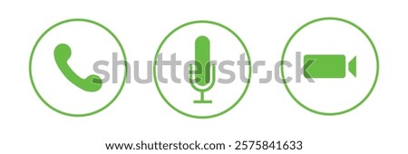 Virtual hangouts icons for conference call. On and off video, sound, camera and call icons isolated on white background. Flat vector illustration .