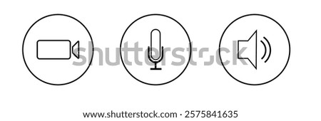 Virtual hangouts icons for conference call. On and off video, sound, camera and call icons isolated on white background. Flat vector illustration .