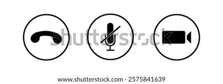 Virtual hangouts icons for conference call. On and off video, sound, camera and call icons isolated on white background. Flat vector illustration .