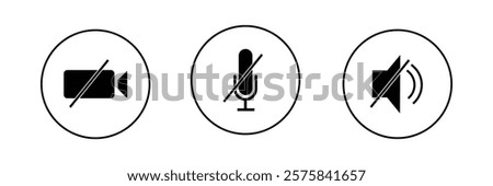 Virtual hangouts icons for conference call. On and off video, sound, camera and call icons isolated on white background. Flat vector illustration .