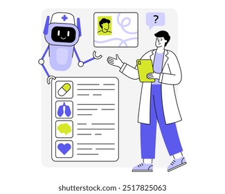 El asistente de salud virtual ayuda a un médico a desinflar la Ilustración vectorial. Lindo robot médico hace un diagnóstico al paciente. Inteligencia artificial en el concepto de medicina