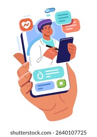 Virtual healthcare, online diagnosis and medical consultation. Patient communicates with doctor using smartphone